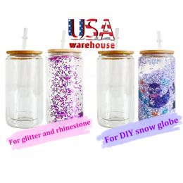 USA Warehouse 25/16 oz Sublimatie Dubbele Beglazing Herbruikbare Sneeuwbal Glitter Helder Bierblikje Frisdrankglas met Bamboe Deksel