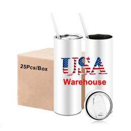 Almacén de EE. UU., 25 unidades por caja, 20oz, tazas blancas de sublimación, botella de agua, vasos de acero inoxidable con pajita de plástico y tapa
