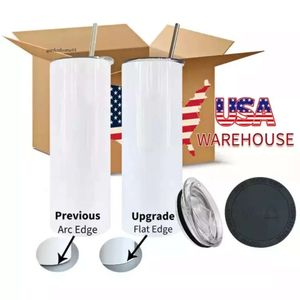 USA Warehouse 25pc / Carton Sublimation gobelers 20oz en acier inoxydable double mur isolée à l'eau blanche droite avec couvercle et paille pour transfert de chaleur 0426