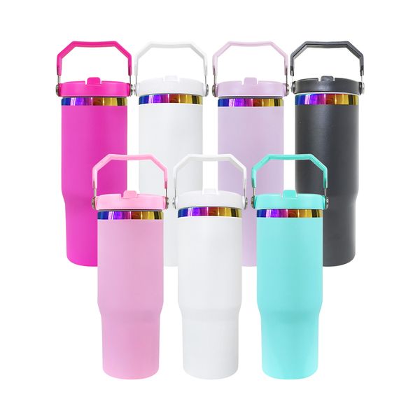 RTS 30 oz Mirror Rainbow debajo del láser bebida bebida para volcquero al aire libre botella de agua termos con mango portátil de paja para sublimación