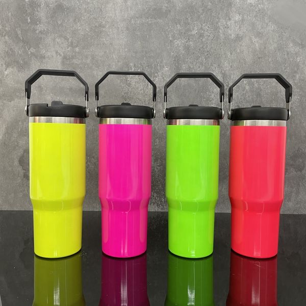 Entrepôt américain 30oz couleur néon isolé sous vide gobelets à sublimation brillants tasses de voyage de vacances en plein air bouteille d'eau thermos avec poignée portable et paille rabattable