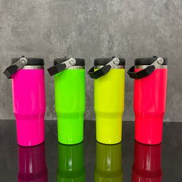 USA magazijn 30oz zomervakantie neon kleur glanzend sublimatie drinkbeker buiten reizen waterfles thermo met flip-rietje draagbaar handvat voor ijskoffie