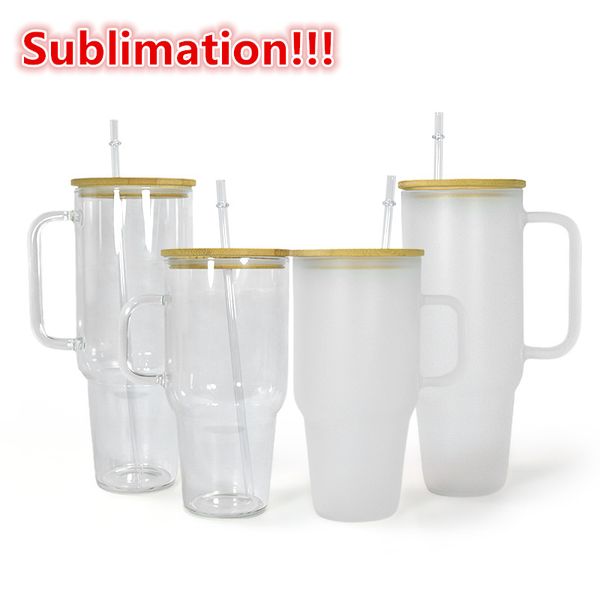 EE. UU. Almacén 32 oz 40 oz Sublimación Taza de vidrio Vidrio esmerilado transparente Copas de vino Vasos para beber con tapa de bambú y pajitas EE. UU. Stock