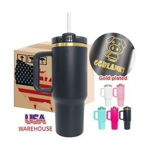 USA Entrepôt 40oz Miroir Gold Gold Plated Thermos de grande capacité Multi-couleurs Multi-couleurs Laser Afficier Gravé à vide avec paille et poignée amovible