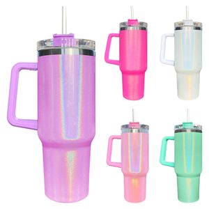 Double Walled Stainless Steel Tumbler with Handle and Straw Mugs Ombre Gradient Holographic Glitter