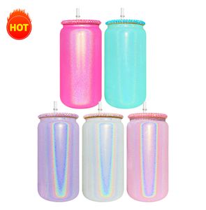 USA magazijn gratis verzending blanco sublimatie 15oz 16oz bling deksel Holografische Shimmer Wit glitter glazen blikje met bling deksels en rietjes voor DIY printen