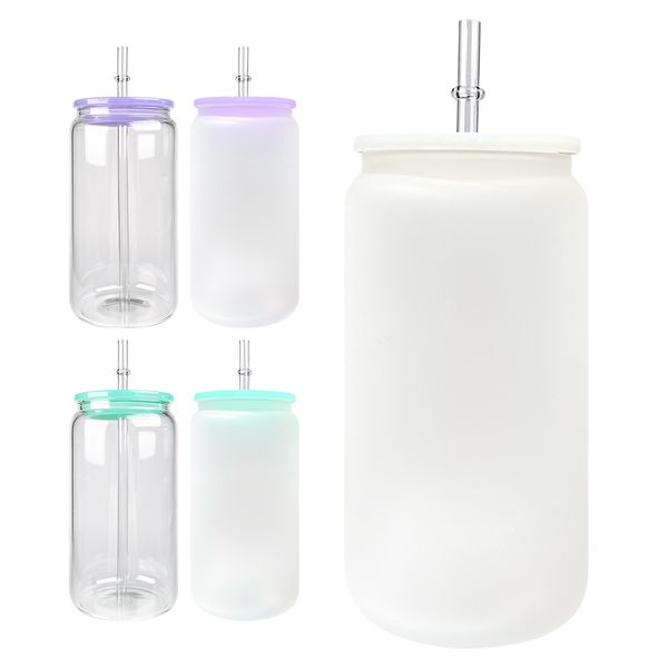 Almacén de EE. UU. Sin BPA, lata de vidrio de cerveza esmerilado transparente con sublimación en blanco de 16 oz con tapa de plástico de colores y pajita transparente para agua, vino, cerveza, cócteles, café con hielo