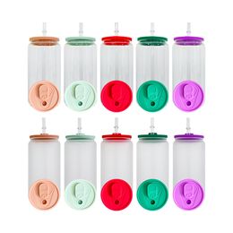 VS magazijn BPA-vrij blanco sublimatie Borosilicaat helder mat frisdrankblikje bierglazen fles 16oz bierglas blikje met gekleurde siliconen deksels drinkbekers