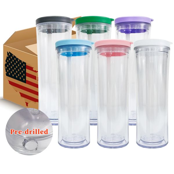 Almacén de EE. UU., vinilo acrílico transparente, 20 oz, brilla en la oscuridad, preperforado, doble pared, globo de nieve, tazas curvas, colores mezclados para café helado, bebida fría, tapa de paja de boca ancha