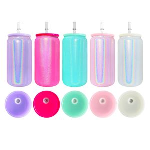 USA Entrepôt de boisson froide Borosilicate Blank Sublimation Colore Colore Colore 16oz de bière Soda CAN avec une paille en plastique transparent pour les wraps DTF UV, vendus par boîtier