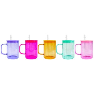 Entrepôt gelée colorée 17 oz sublimation vierge tasses à café de camping en verre coloré transparent à haute teneur en borosilicate avec couvercles et pailles en plastique pp coloré