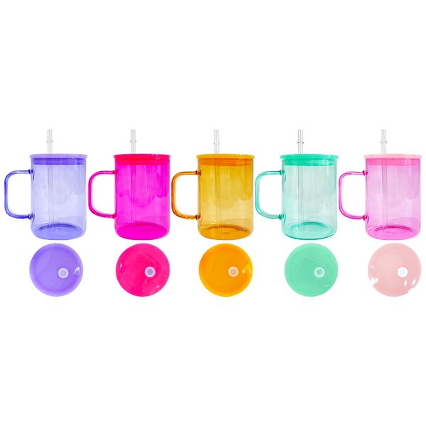 USA entrepôt gelée colorée 17 oz sublimation vierge verre borosilicate transparent tasses à café de camping en plein air avec couvercles et pailles en plastique pp coloré