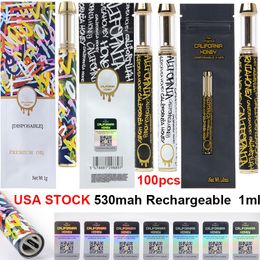 USA Warehouse Jetable Vape Pen Rechargeable Grande Batterie 530mah Vide 1ml California Honey Device Pods Avec Sac D'emballage Blanc Noir Chariots Colorés 100pcs Lot