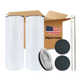 EE. UU. Almacén de doble pared de acero inoxidable Tazas de sublimación en blanco Tazas Vaso recto de 20 oz para impresión de bricolaje Tazas con tapa y pajita 1212