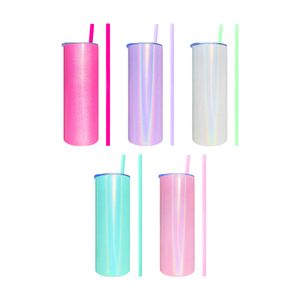 VS Warehouse dubbele wand roestvrij staal 20oz holografische aron glinstering glitter niet-taps toelopende rechte lege blanco sublimatietumblers met kleurstro, verkocht per geval