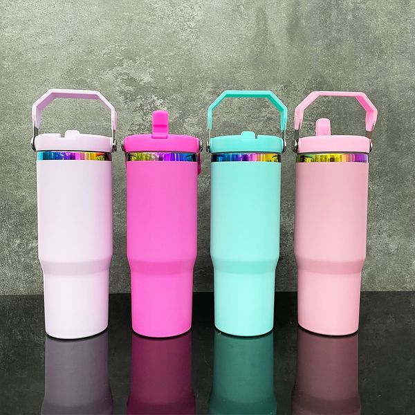 USA Warehouse Flip Straw 30oz Macte macaron Macaron à double paroi à double vide en acier inoxydable Isulaté Rainbow à l'épreuve en ciel