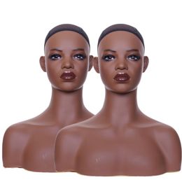 USA Warehouse Gratis schip 2 STKS/PARTIJ donkere huidskleur mannequin hoofd met schouders voor pruik display Dummy Head op verkoop