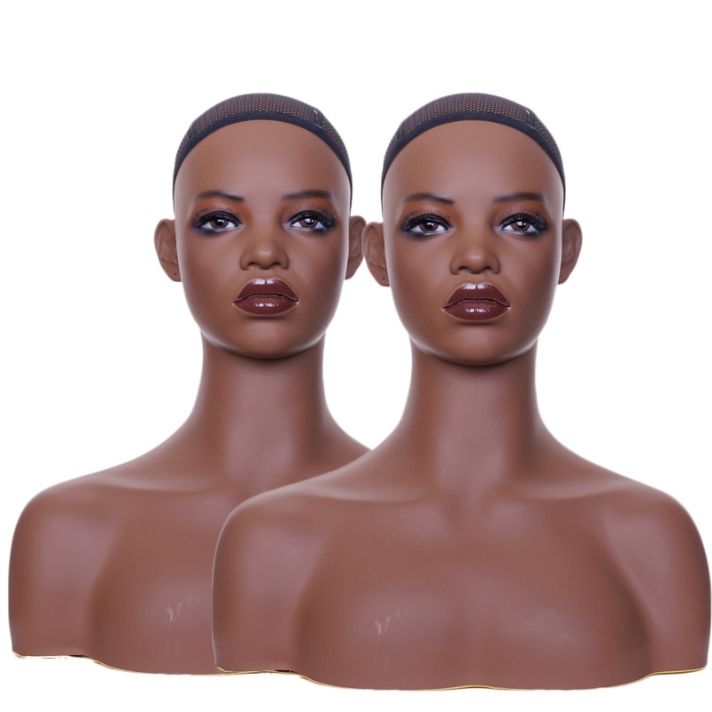 Almacén de EE. UU., envío gratis, 2 unids/lote, cabeza de maniquí de color de piel oscura con hombros para exhibición de peluca, cabeza simulada en ventas