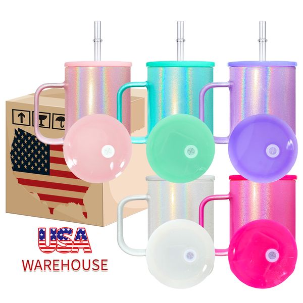 USA Warehouse holographique 17 oz paillettes scintillantes colorées sublimation vierge tasses de voyage à café en verre de camping coloré avec couvercles en plastique PP bling 25 pièces/caisse en stock