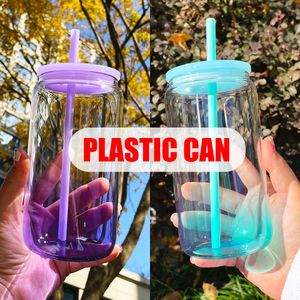 USA Entrepôt Kids Can Draked Gradient Colored Acrylic Beer Cups Can Ombre Jelly colored 16 oz Plastic Acryli Soda Can Bottle Water avec des couvercles PP colorés
