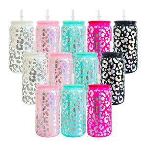 Groothandel Bulk herbruikbare iriserende holografische luipaard cheetah print borosilicaat 16oz blikje glazen bierpul met kleurrijke plastic deksels op voorraad