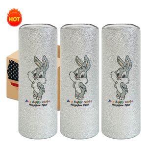 Entrepôt aux États-Unis, livraison gratuite, paillettes brutes argentées, sublimation vierge, gobelet droit maigre de 20 oz avec couvercles, tasse de voyage en acier inoxydable à double paroi avec boîte blanche