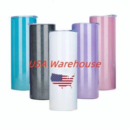 USA Warehouse Tasse scintillante arc-en-ciel en acier inoxydable, 20oz, double paroi, gobelet à sublimation à paillettes blanches avec paille en métal 240117