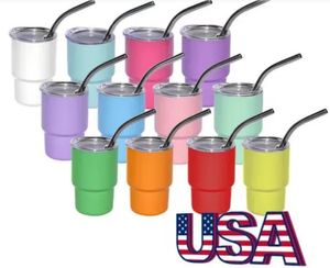 Verre à shot de sublimation de 3 oz avec paille en métal 12 couleurs Gobelet en acier inoxydable à double paroi pour enfants Bouteille d'eau Tasses de voyage Tasses Verres à vin