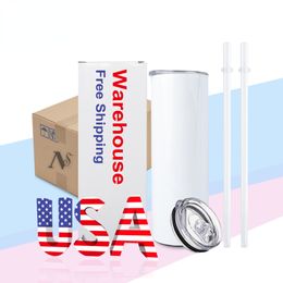Vasos de sublimación de almacén de EE. UU. en blanco, 20 oz, blanco, recto, en blanco, taza de prensa de calor con pajita