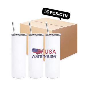 USA STOCK 20 oz Sublimation Blanc Droit Blanc Gobelet avec Couvercle De Paille En Acier Inoxydable Transfert De Chaleur Tasse De Voyage Double Paroi Tasses D'eau Isolées GJ02