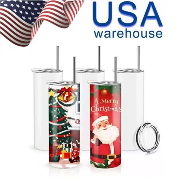 USA Warehouse Sublimation Tumblers Blank 20 oz White Straight Blanks Tasse à presser à chaud avec paille 16 oz Canette de cola en verre avec couvercle en bambou 0515