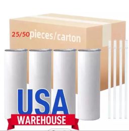 USA Warehouse Sublimation Tumblers tasses vierges 20oz 16oz blancs de tasse de presse à chaleur avec couvercle de bambou en verre de paille avec couvercle en bambou