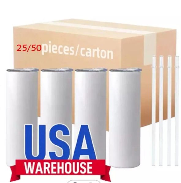 USA Warehouse Sublimation Gobelets Tasses Vierges 20 oz 16 oz Blancs Blancs Droites Presse À Chaleur Tasse Tasse Avec Paille Verre Cola Peut Avec Couvercle En Bambou