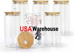 EE. UU. Warehouse Tumblers 16 oz Tazas de cerveza de vidrio de sublimación con tapa de bambú Paja DIY Blanks Frosted Clear Can Shaped Cups DIY Gifts b1014