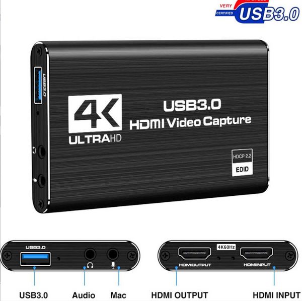 Tarjeta de captura de vídeo USB 3,0 4K 60Hz compatible con HDMI 1080P para placa de grabación de juegos caja de almacenamiento de transmisión en vivo grabador USB para cámara PS4