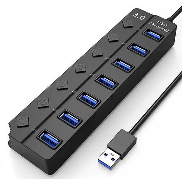 Hub USB 3.0 Concentrateur de données 7 ports avec interrupteurs marche/arrêt individuels LED et voyants Extenseur de port haute vitesse 5 Gbit/s pour clavier d'ordinateur portable Souris Clé USB PC