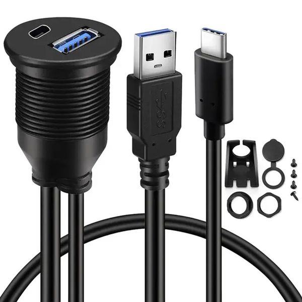 Câble USB 3.0 Type C 3.1 pour montage encastré de voiture, câble d'extension étanche pour panneau de tableau de bord, pour camion, bateau, moto, 1M