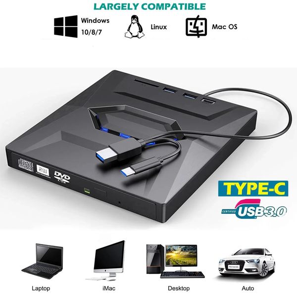 USB 3.0 Tipo C DVD externo DVD Card Writer Recorder CDDVD Player DVD RW Drive óptica Mac OS Ventana XP7810 240415