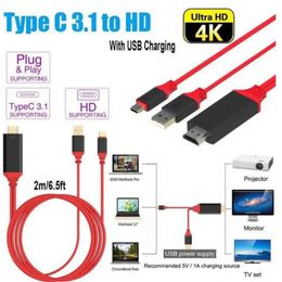 USB 3.1 Type C tot HD 2m kabeladapterconverter Ultra 1080p 4K met opladen HDTV -videokabels voor Samsung S10 S20 Huawei -telefoons