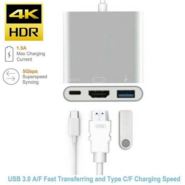 Adaptador multipuerto USB 3.1 TYPE-C a USB hembra AV digital para HD, 3.0, 3.1 Tipo C a HD Adaptador 3 en 1 Hub