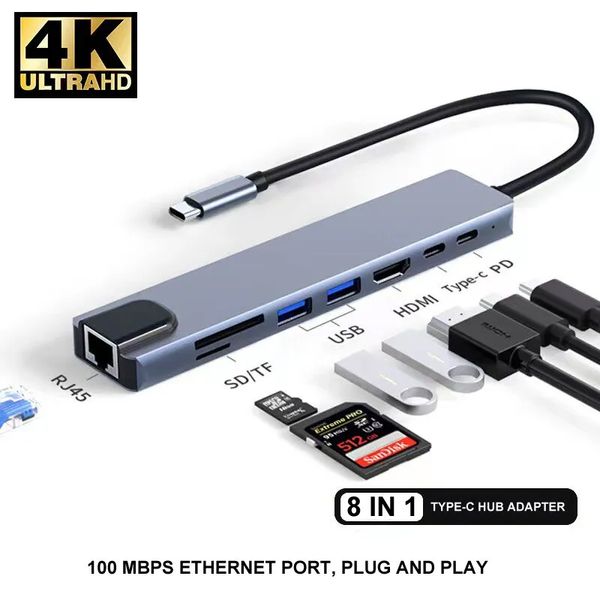 Adaptador Usb 8 en 1 tipo C 3 1 a 4k Hdmi Hub con lector de tarjetas Sd Tf Rj45 Pd carga rápida para ordenador portátil Macbook