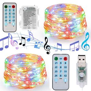 Guirlande lumineuse musicale à batterie USB, 33 pieds, 100LED, lumières de noël extérieures activées par le son, avec télécommande à 17 touches