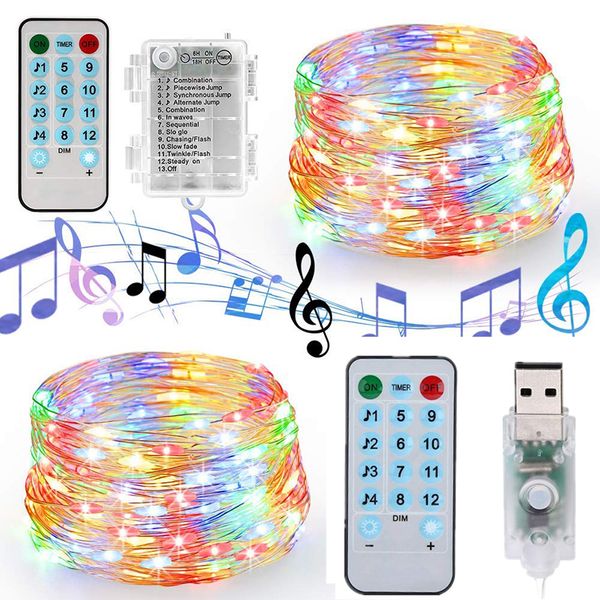 USB-batterij Muzieklichtslingers 33ft 100LEDs Geluidsgeactiveerde LED-kerstverlichting voor buiten met 17 toetsen afstandsbediening