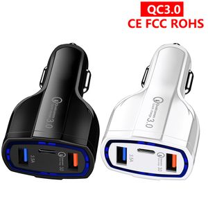 Adaptateur de chargeur de voiture QC 3.0 Fast 3 Port 7A / 35W Cigarette Light USB Type-C Chargers rapides Target Dual-port avec lumière LED