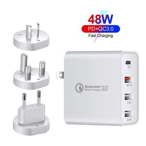 Cargador USB C 48W 4 puertos Cargadores de pared PD de carga rápida con carga rápida 3.0, adaptador de viaje USB-C multipuerto para Samsung iPhone EE. UU. UE AU Reino Unido enchufe con caja