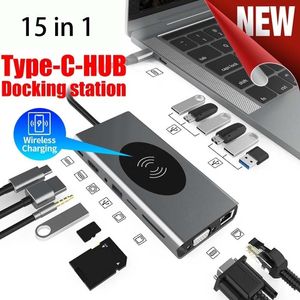 Station d'accueil USB C Hub 15 en 1 Type C Dock 4K HD 1080P VGA PD TF Adaptateur 3,5 mm Répartiteur USB 3.0 10W Chargeur sans fil pour ordinateur portable MacBook