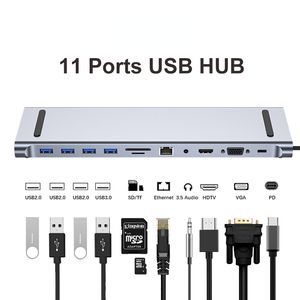 USB C Hub 3.0 8/11/12-en-1 de type C Dock Splitter Adaptateur multiport 4K HDMI RJ45 SD / TF VGA HDMI PD pour ordinateur portable iPad Xiaomi
