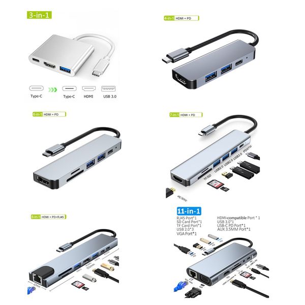 USB C Hub 3 4 5 6 7 8 en 1 Tipo C USB-C a 4K HD HDTV Adaptador con lector de tarjetas RJ45 SD/TF PD Carga rápida para MacBook Notebook Laptop Hubs Estación de acoplamiento