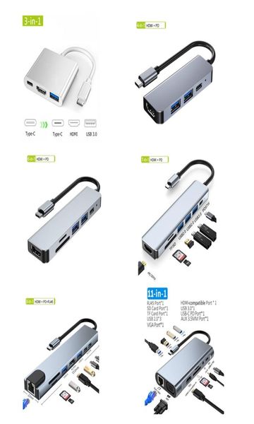 USB C Hub 3 4 5 6 7 8 en 1 Tipo C USBC a 4K HD HDTV Adaptador con lector de tarjetas RJ45 SDTF PD Carga rápida para MacBook Notebook Lapt6789074