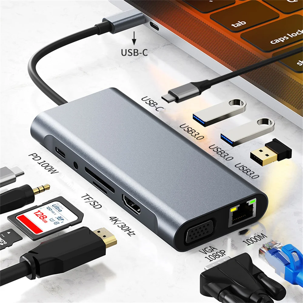USB C Hub 4K 30Hz Tipo C A adaptador USB 3.0 compatível com HDMI 11 em 1 Docagem do cubo do tipo C PD 87W Splitter USB C para MacBook Pro Air